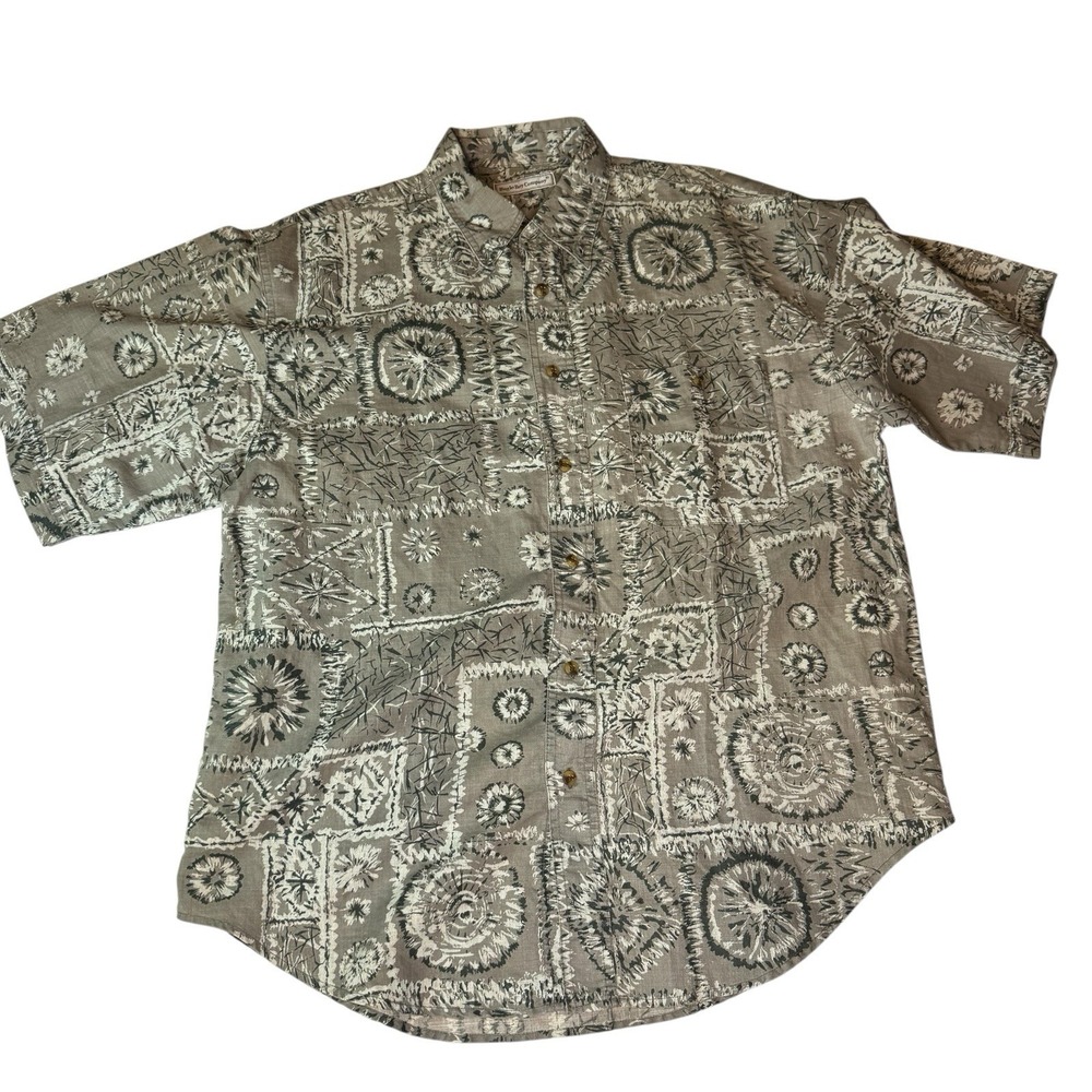 Vintage Bugle Boy ButtonUp Shirt Mens L Ramie Cotton Abstract 90s Casual Pattern